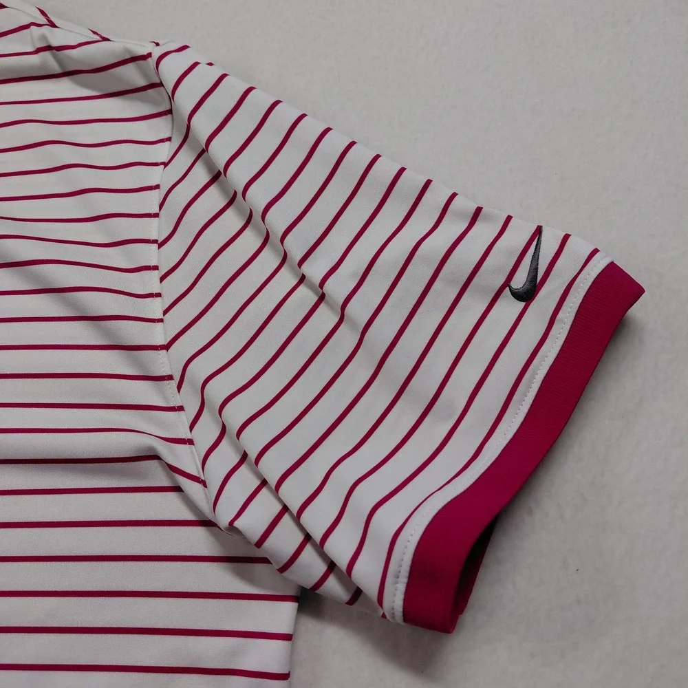 Nike Dri-FIT Polo Shirt Mens XL pink White Striped Short Sleeve Golf Performance